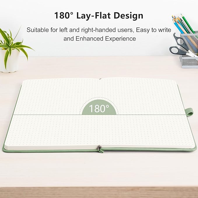 RETTACY Bullet Dotted Journal Notebook, 256 Pages, A5 Medium Size (5.7'' × 8.3''), Leather Hardcover, 120 GSM Thick Paper, for Bullet Journaling, Planning, Tracking (Light Green)