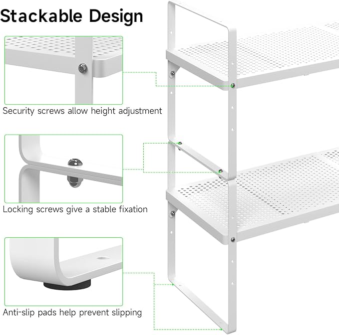 SOFRON Expandable Cabinet Storage Shelf Stackable Organizer Rack for Kitchen Bathroom Pantry Spice Cupboard Coffee Countertop Home Office Desk Heavy Duty Nonslip White Large 2 Packs