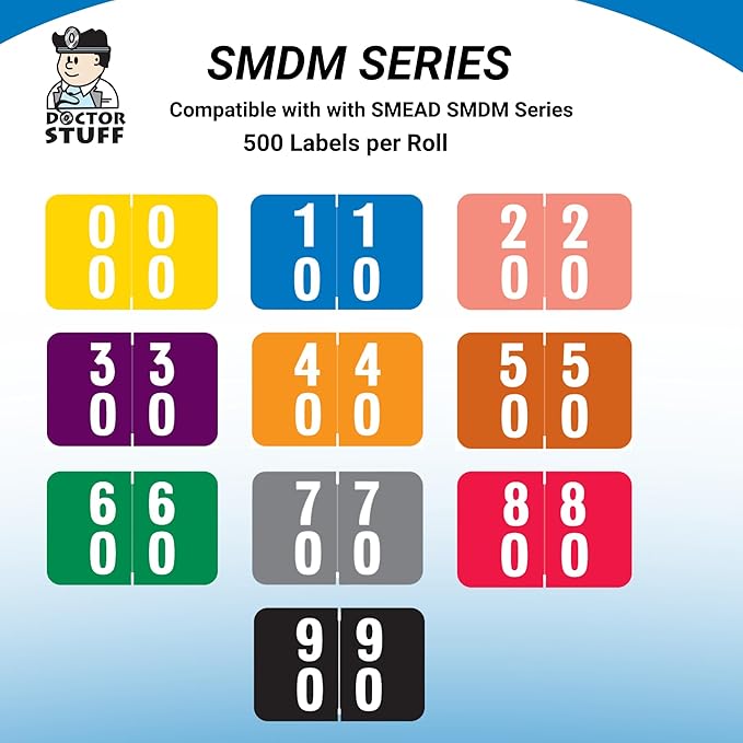 Doctor Stuff - File Folder Labels, Terminal Digit Filing, Consecutive Double Digit Numbers 90-99, Compatible with SMEAD DDS - SMDM Series Chart Stickers, Black, 1" x 1-1/2", 500/Roll