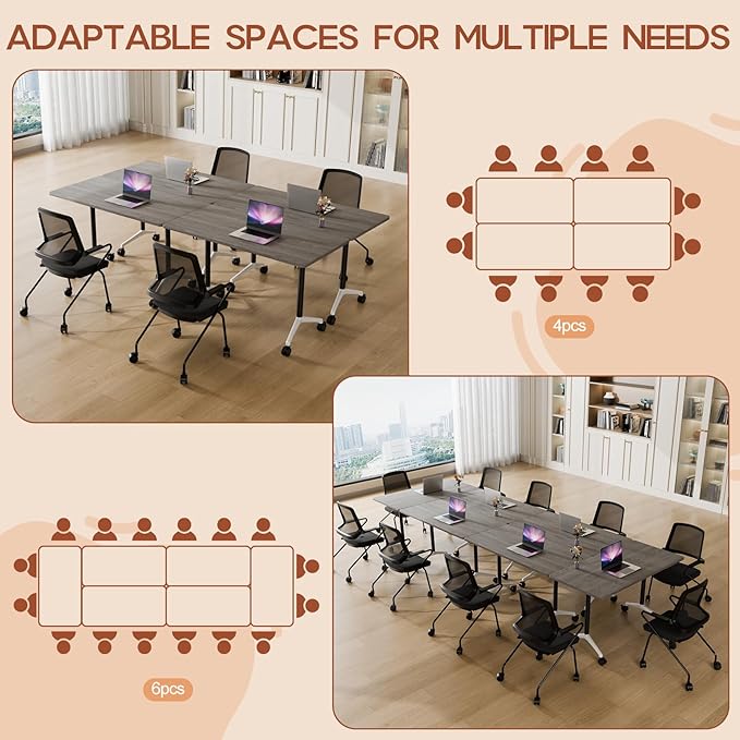 Folding Conference Table 4ft 5ft, Foldable Office Meeting Desk for 6 People, Multiple Sizes Colors Mobile Conference Room Table for Training Room School Business Furniture (2, Grey, 55in)