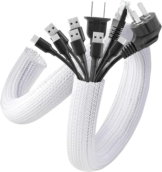AGPTEK Cable Sleeve Cover, 20ft - 4/5 inch Desk Cord Organizer Cable Hider, Home Office Wire Management Computer TV Wire Loom Tubing, Pet Proof Cord Protector, from Cat Dog Chewing, White