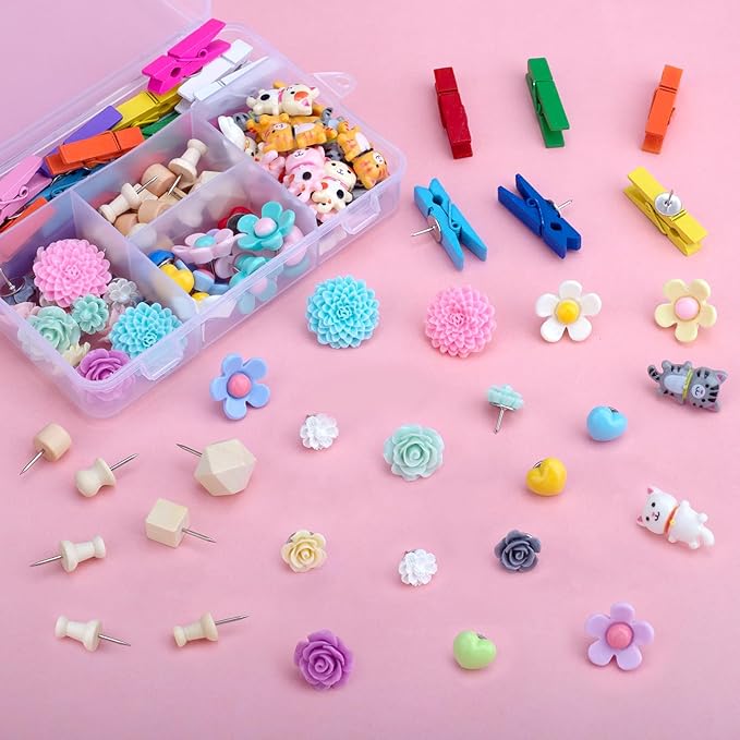 72PCS Push Pins Cute Cat Thumb Tacks Decorative Push Pins Wood Pin Board Tacks Assorted Colors Flower Push Pin Clips for Cork Board Wall Cubicle Accessories for Home Office Cute Desk Accessories