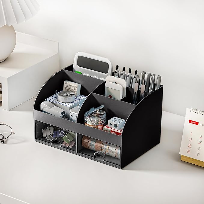 Desk Organizer with 6 Compartments and 2 Drawers, Plastic Makeup Organizer, Pen Holder for Desktop Storage, Desk Organization for School, Home, Office Supplies (Black)