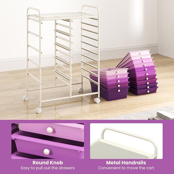 HAPPYGRILL 15-Drawer Rolling Cart, Storage Carts with Removable Drawers & Steel Frame, Utility Cart on Lockable Wheels for Home, School, Office (Purple Gradient)