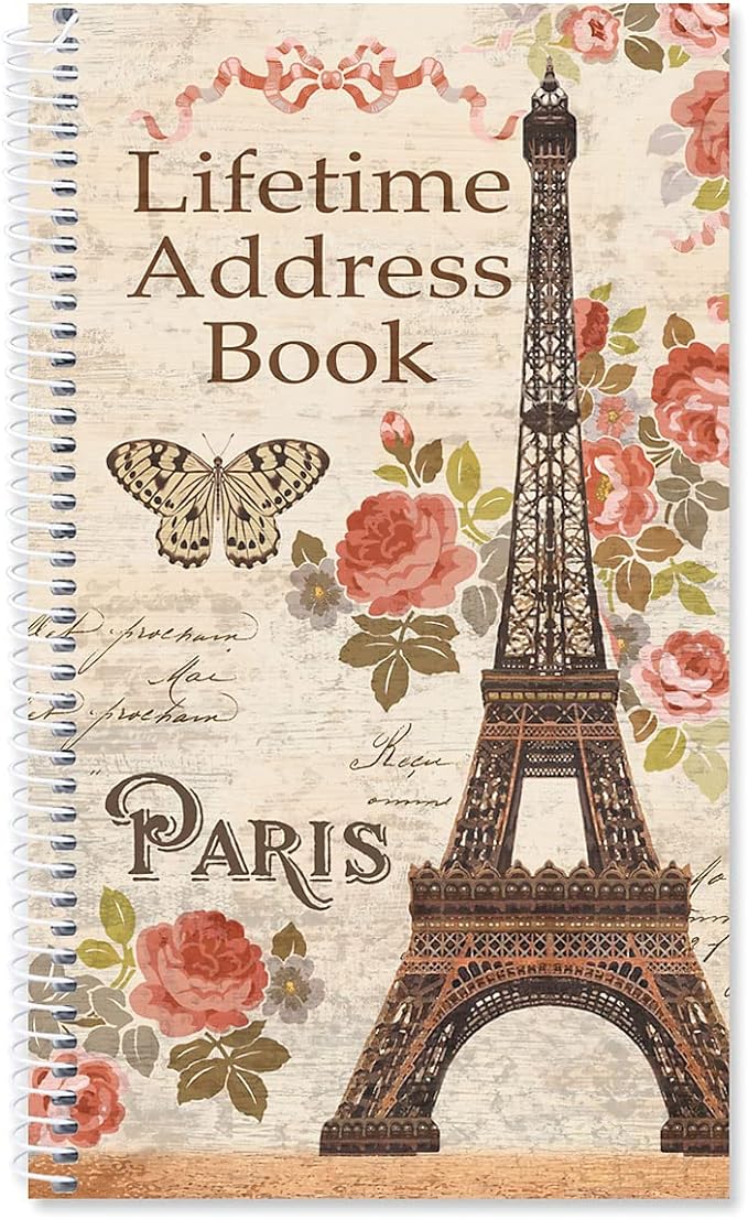 Current Parisian Postcard Address Book-94 Pages; Small 5" x 8-1/2" Size for Purse or Office,Spiral Bound Soft Cover Organizer for Contacts,Addresses, Email, & Phone Numbers + 50 Replacement Stickers