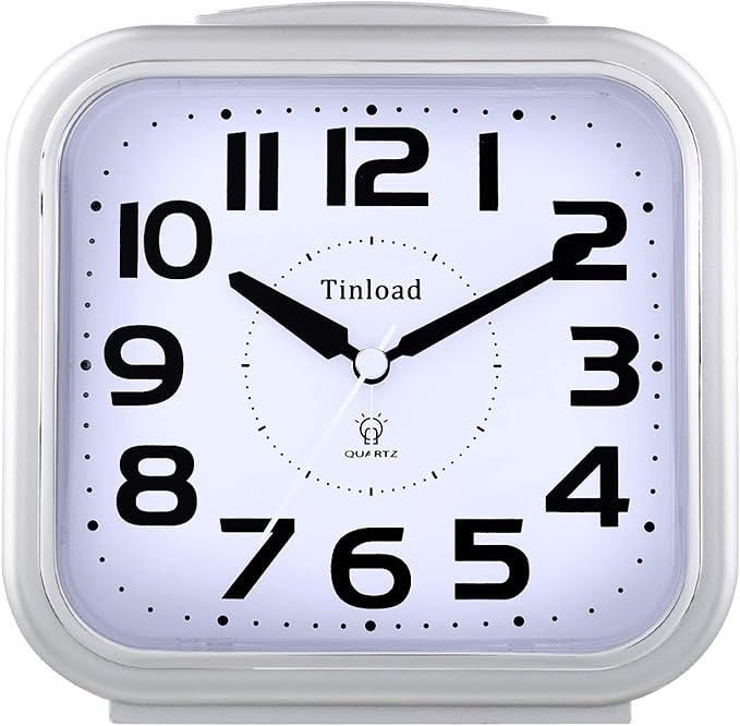 Tinload 5.5" Large Analog Alarm Clock Silent Non Ticking, Gentle Wake, Beep Sounds, Increasing Volume, Battery Operated Snooze and Manual Light, Easy Set, Silver
