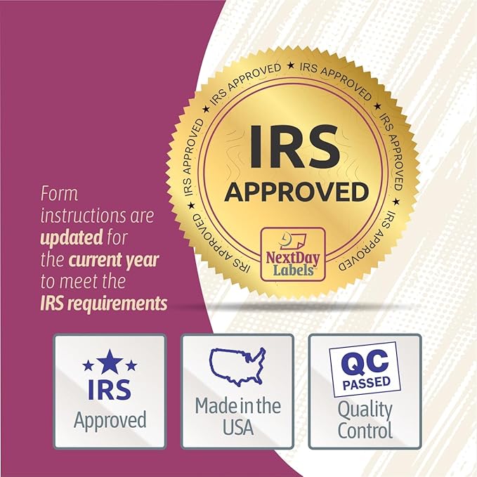 NextDayLabels - W-2 4-Up Employee Tax Forms, Instructions on Back" for 2025, for Laser/Inkjet Printer. Compatible with QuickBooks and Accounting Software (Pack of 100 Sheets & Self Seal Envelopes)
