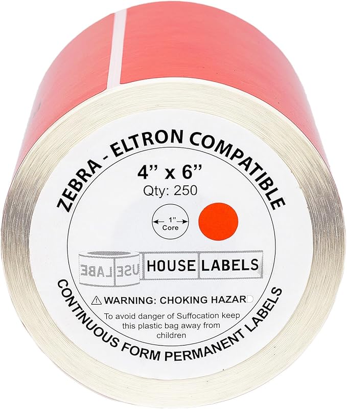 HOUSELABELS 4" x 6" Red Shipping Labels on 1" Core Compatible with Zebra and Rollo Printers, 6 Rolls / 250 Labels per Roll