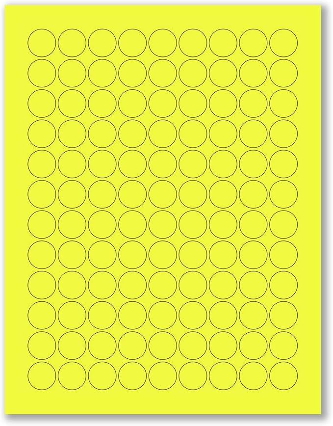 8-1/2 x 11" Neon Color High Light Fluorescent Labels for Laser & Inkjet Printer (Yellow Fluorescent, 3/4" Round - 108 Per Page | 2700 Labels)