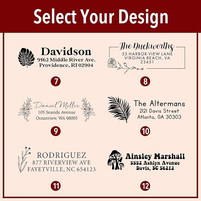 Custom Floral Address Stamp | Choose from 12 Designs | Multiple Ink Color Options | Envelope Return Address Stamp for Couple or Family (Design 2, Medium)