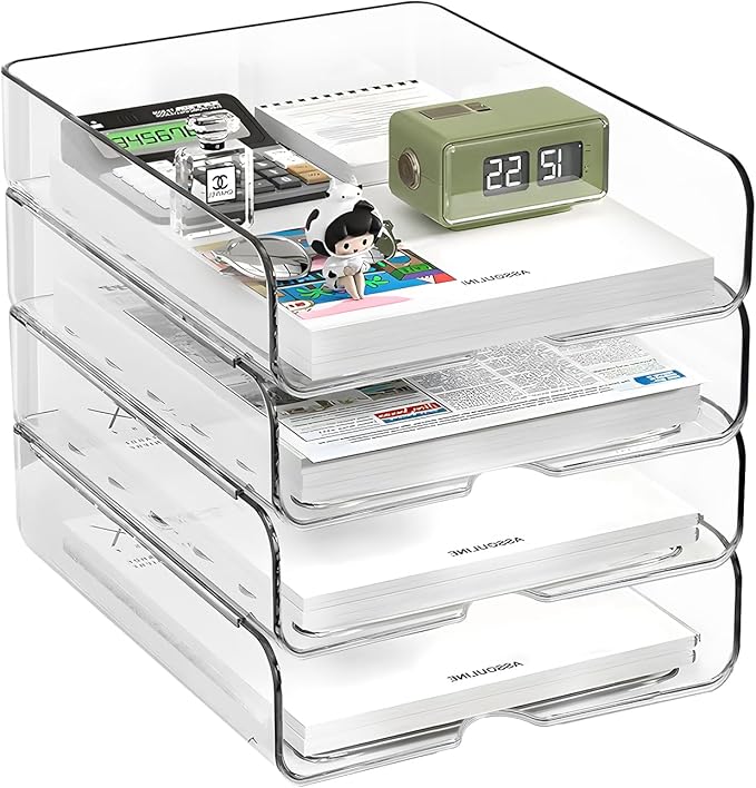OUTIOE 4-Tier Paper Organizer for Desk, Stackable Desk Organizer Paper Tray, Ideal for Office Supplies, A4 Storage (Clear, 4-Tier)