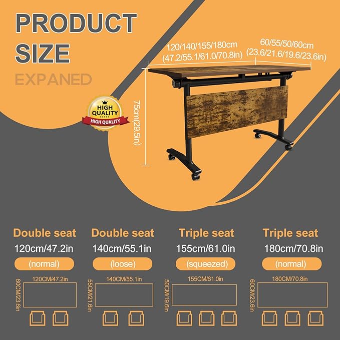 Folding Conference Table 4ft 5ft, Foldable Office Meeting Desk for 6 People, Multiple Sizes Colors Mobile Conference Room Table for Training Room School Business Furniture (4, Brown, 47in)