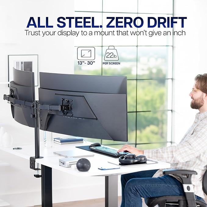 VIVO Dual Ultrawide Monitor Desk Mount, Heavy Duty Fully Adjustable Steel Stand, Holds 2 Computer Screens up to 38 inches and Max 10kg Each, Black, STAND-V038