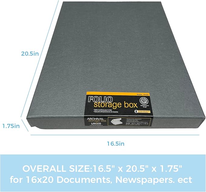 Lineco Folio Storage Box, Clamshell Design with Metal Edge. 16.5x20.5x1.75 Inches, Archival Boxboard, Preserve Photos, Cards, Magazines, Documents, Art, Ephemera, Family Records, Gray, Pack of 1