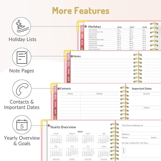 Forvencer 2026 Planner, Hardcover Calendar Planner Weekly and Monthly, Jan 2026 - Dec 2026, 6" x 8", Spiral Agenda Book with Tabs, Exquisite Daily Journal Organizer for Home School, Pink