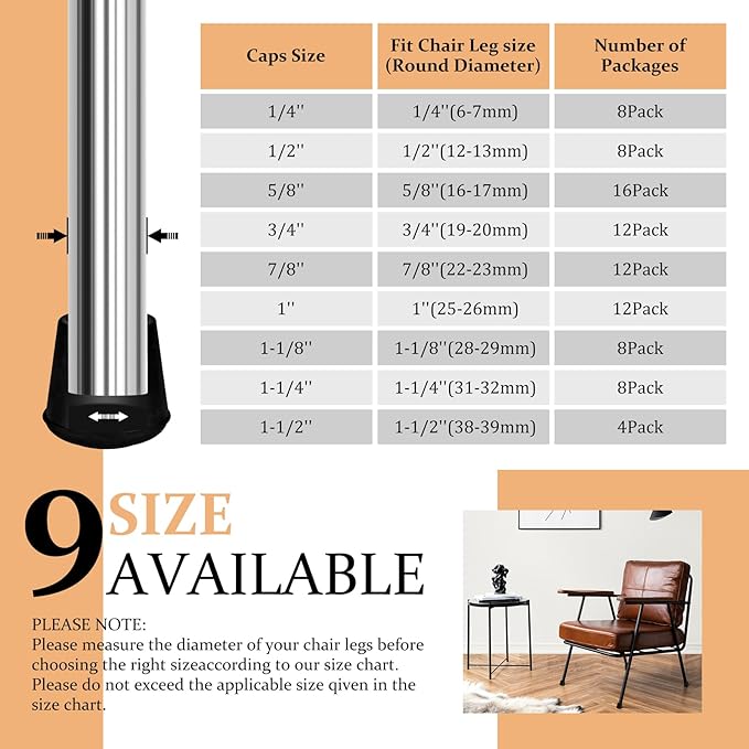 VOCOMO 1" Round Rubber Chair Leg Tips Caps, Chair Leg Floor Protectors Furniture Legs Caps Non Slip Reduce Noise for Hardwood Floors (Black, 12 Pack)