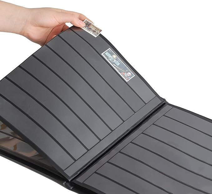 Stamp Albums 160 Pockets - Stockbooks with 30x197mm Sleeves, 10 Double Sided Black Page with Leatherette Padded Black Cover, Collection Storage Folder for Paper Money Postage Stamps AS0108BK