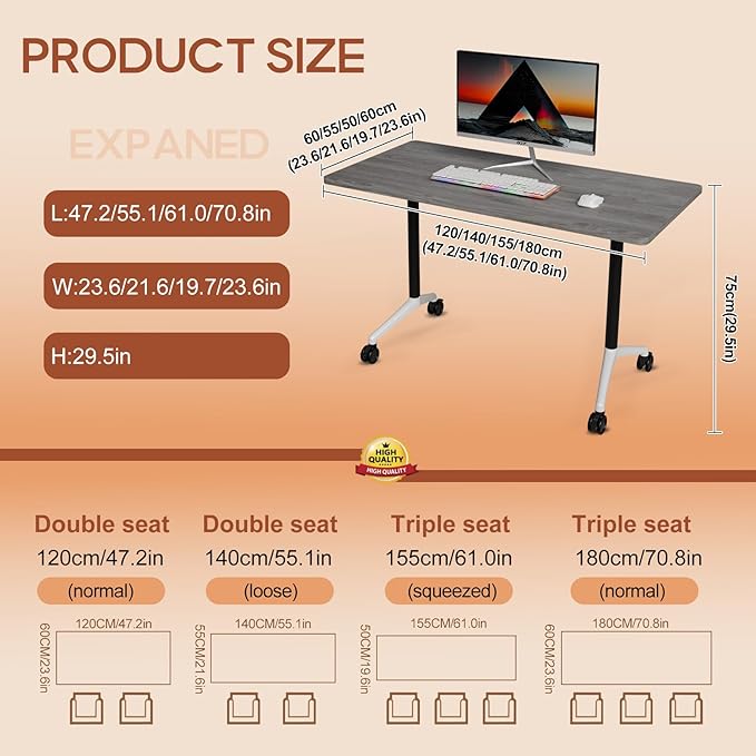 Folding Conference Table 4ft 5ft, Foldable Office Meeting Desk for 6 People, Multiple Sizes Colors Mobile Conference Room Table for Training Room School Business Furniture (6, Grey, 71in)