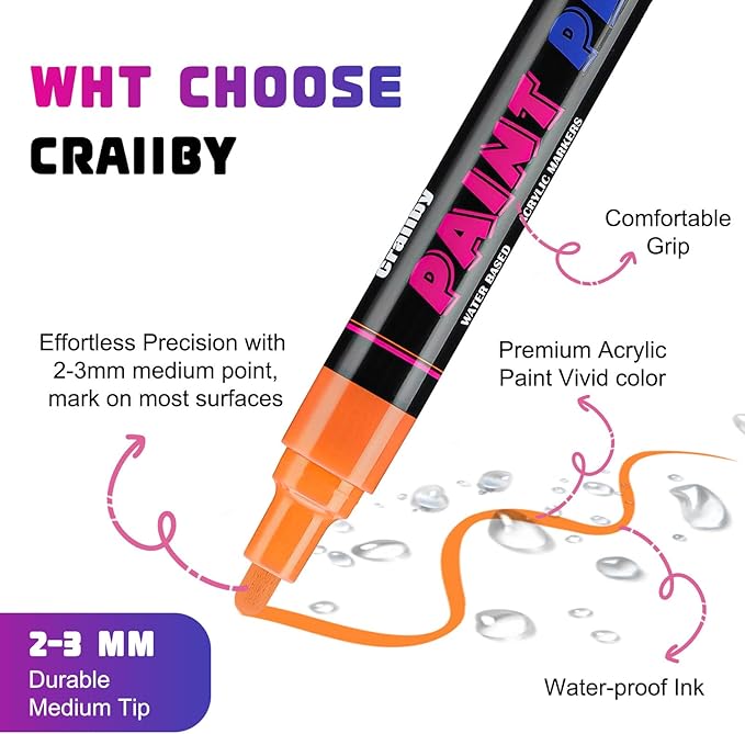 Craiiby White Paint Pens Paint Markers - 12 Pack Permanent Quick Dry Waterproof Marker Pens for Rocks Wood Fabric Plastic Canvas Glass Mugs Metal Tire Stone