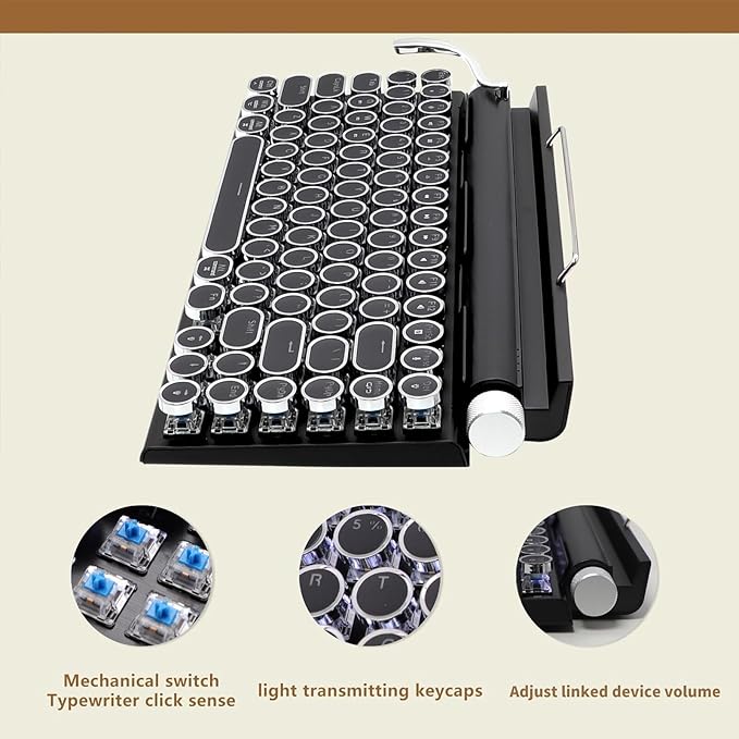 Adventurers Typewriter Style Retro Mechanical Keyboard, White Backlight, 83 Key Bluetooth 5.0 Blue Axis Compatible with Desktop, Laptop, Mac and Mobile, Black, 12.3 x 6.6 x 1.6 Inches