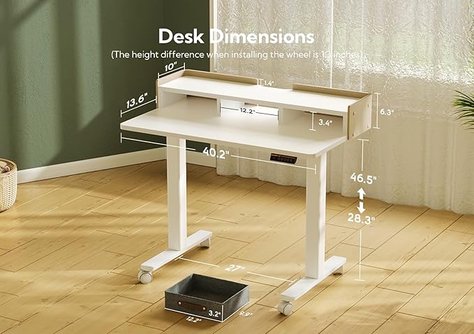 Claiks Standing Desk with Drawers, Adjustable Stand Up Electric Small Standing Desk Adjustable Height with Storage Shelf and Splice Board, 40 Inch, White