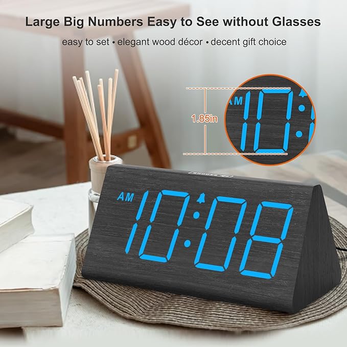 DreamSky Wooden Digital Alarm Clocks for Bedrooms - Electric Desk Clock with Large Numbers, USB Port, Loud Alarm for Heavy Sleepers, Adjustable Volume, Dimmer, DST, Wood Décor Gifts, Adapter Powered