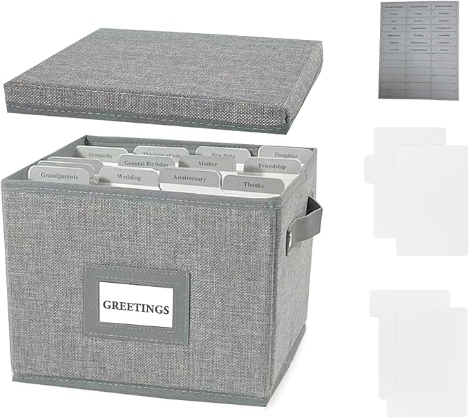 Greeting Card Organizer Box with 16 Dividers,Collapsible Greeting Card Storage Box with Handles Hold 150+ Cards,Greeting Card Holder for Greeting Cards,Sticker, Recipes, Photo, Envelope (Gray, 1 pcs)