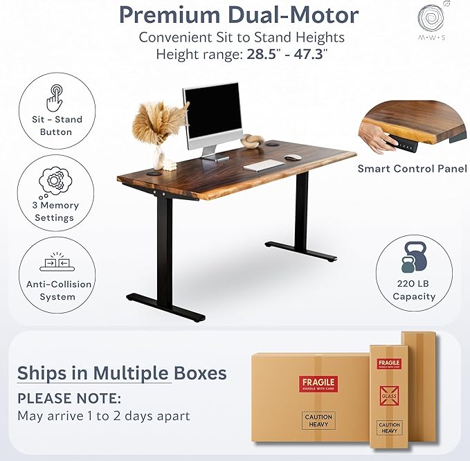 Standing Desk with Drawer – Walnut Solid Wood Desk, Natural Live Edge, Adjustable Height Dual Motor, Sit Stand for Home Office (Black, W48 x D27)