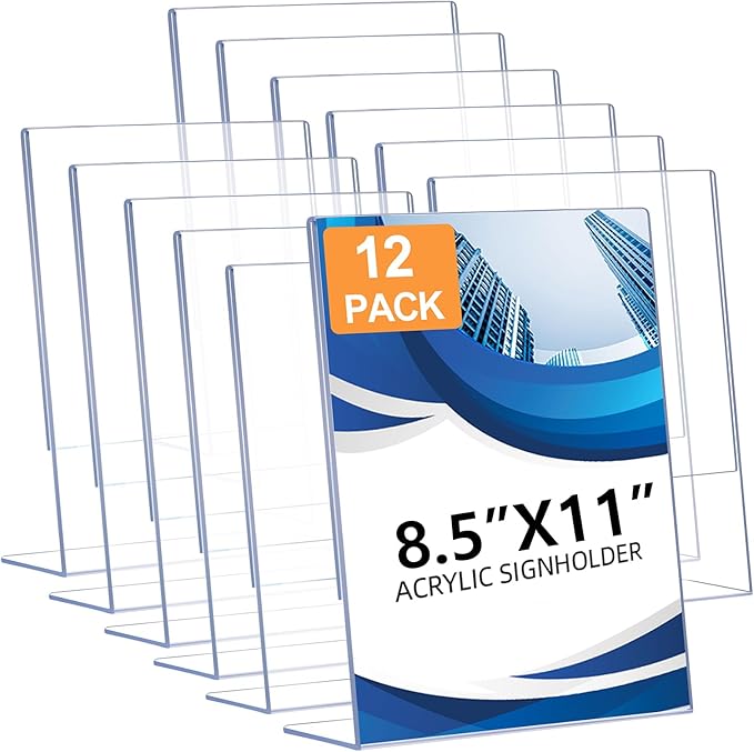 DECOHOBO 12 Pack Acrylic Sign Holder 8.5 x 11, Clear Plastic Display Stands for Tabletop, L-Shape Acrylic Stands for Flyers, Documents, Office, Restaurants, Vertical Sign Holder 8.5x11 for Desktop
