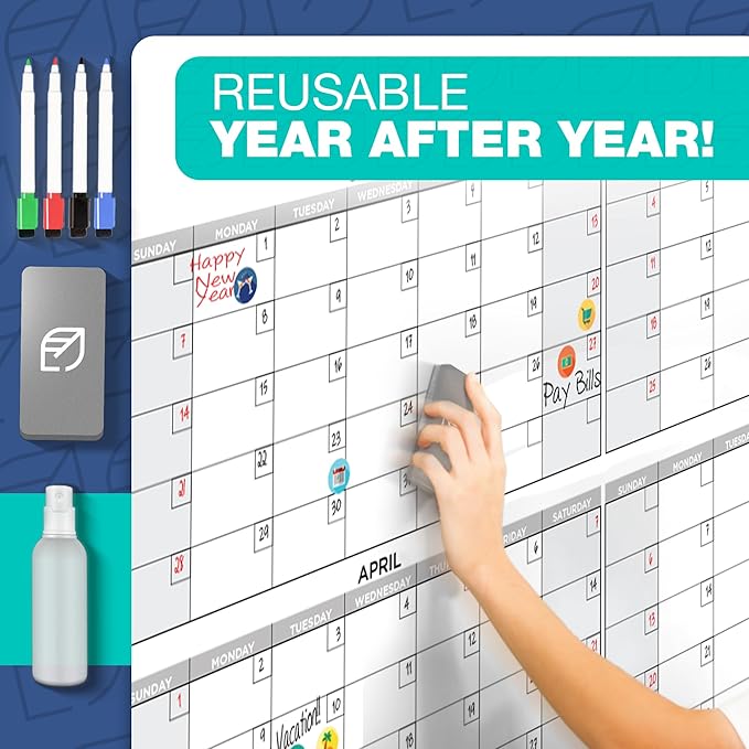 Large Dry Erase Calendar for Wall, 38" x 58" - Undated, Yearly, Reusable - Full 12 Month Year - Includes Markers, Eraser & Accessories