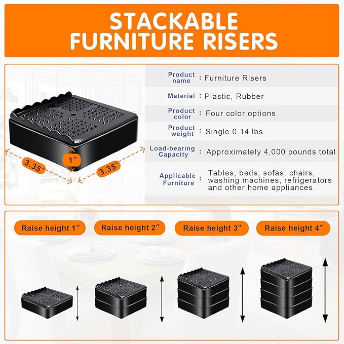 Furniture Risers, 8 Pack Bed Risers with Non-Slip Grip and Heavy Duty Support, 1 Inch 2 Inch 3 Inch 4 Inch Height Lift for Couch, Sofa, Table, Desk, Chair, Refrigerator - Black, 1+1 Inch