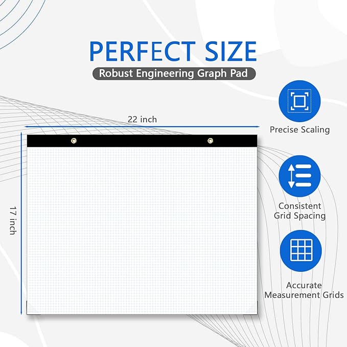 Large Engineering Graph Paper Pad - 50 Sheets/100 Pages, 22" x 17" Quadrille Grid Paper for Drafting, Engineering, Blueprint Drawing, Architect Designers, 4"x4" Blue Grid Paper, Giant Drafting Pad