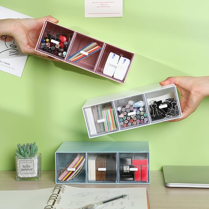 OSteed Desktop Drawers, Desk Organizer with 9 Drawers, Stackable Plastic Storage Box for Home Collection, Cosmetics, Jewelry, Office Supplies (3 Tiers, Pink)