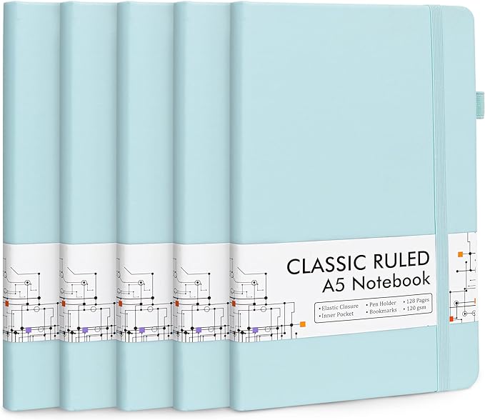 feela 5 Pack Notebooks Journals Bulk, Hardcover Notebook Classic Ruled Lined Journals with Pen Holder for Women Girls School Business Supplies, with 5 Black Pens, 120 GSM, 5.1”x8.3”, A5,Sky Blue
