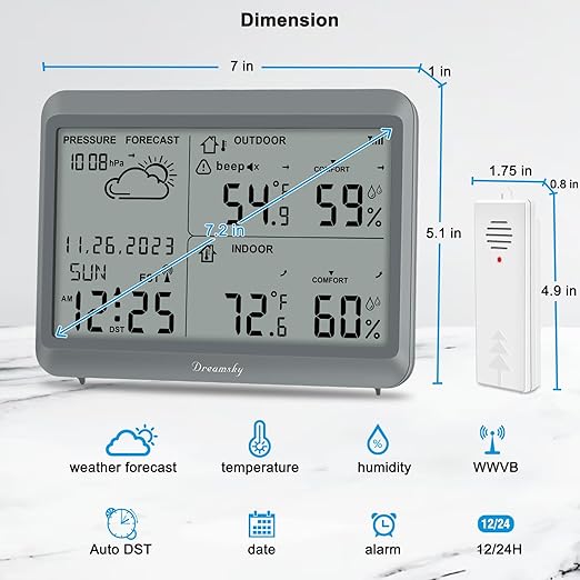 DreamSky Weather Station Indoor Outdoor Thermometer Wireless - Atomic Clock with Indoor/Outdoor Temp, Date & Day, Battery Powered, Home Weather Forecast Clock with Inside Outside Temperature Humidity