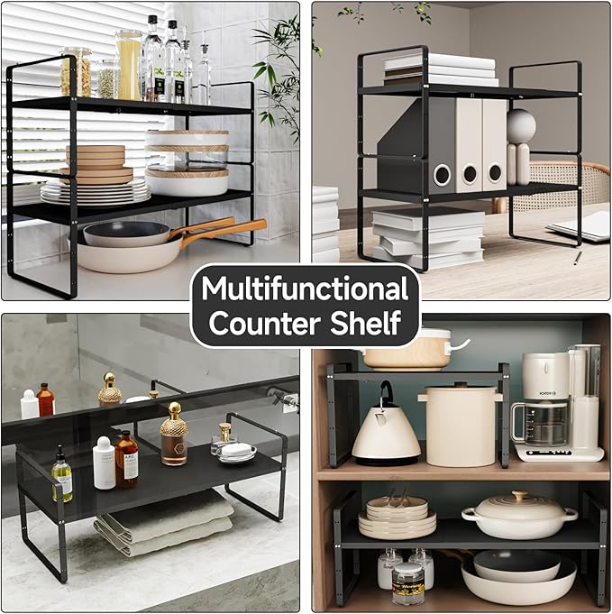 jkxoo 16.5-27’’L Expandable Kitchen Shelf Organizer, Stackable Shelves Organizer, Adjustable Height Pantry Spice Rack for Cabinet, Countertop, Pantry and Cupboard, Black