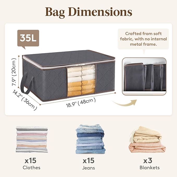 Lifewit 8 Pack Clothes Storage Bag, Foldable Storage Bin Closet Organizer with Reinforced Handle, Sturdy Fabric Blanket Storage with Clear Window, Storage Containers for Clothing, Bedding, Gray
