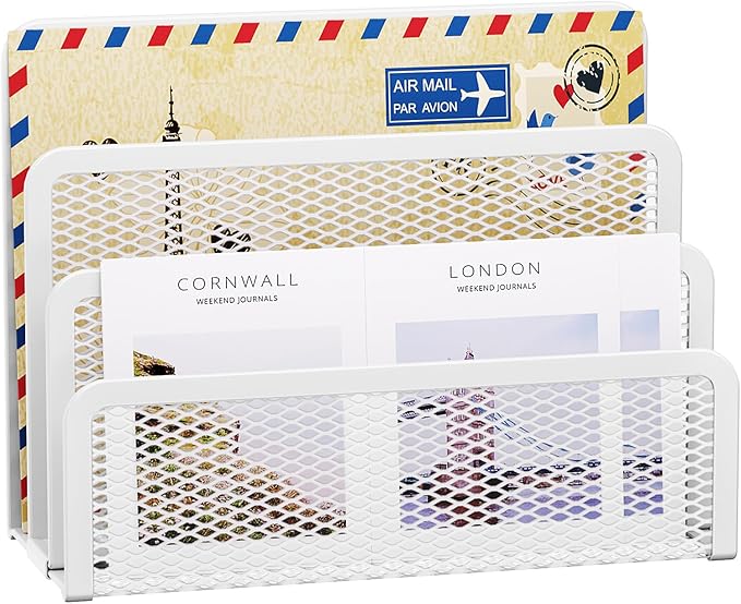 Marbrasse Mail Organizer for Desk, 3-Slot Mesh Metal Mail Holder countertop, Letter Holder, Office Desktop Envelope and Document Storage Rack (White)