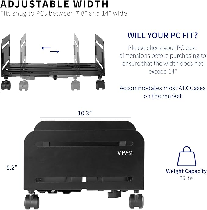 VIVO Large Computer Tower Desktop ATX-Case, CPU Steel Rolling Stand, 7.8 to 14 inch Wide Adjustable Mobile Cart Holder with Locking Caster Wheels, Gaming PC Holder, Black, CART-PC01L