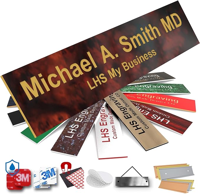 Engraved Name Plates for Door Sign Personalized Burlwood Plastic Plaque with Gold Letters - Made in USA 2x6 N2