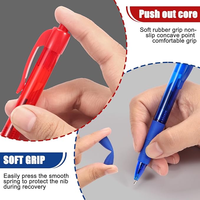 deegtran Pens Bulk, 100 Pack No Bleed Blue & Red Ink Click Pens with Soft Grip, Wholesale Retractable Ballpoint Pens for Office School, Medium Point Smooth 1.0MM
