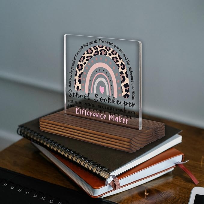 School Bookkeeper Appreciation Gift, Leopard Rainbow Desk Decor Sign, Difference Maker Recognition Plaque PA092