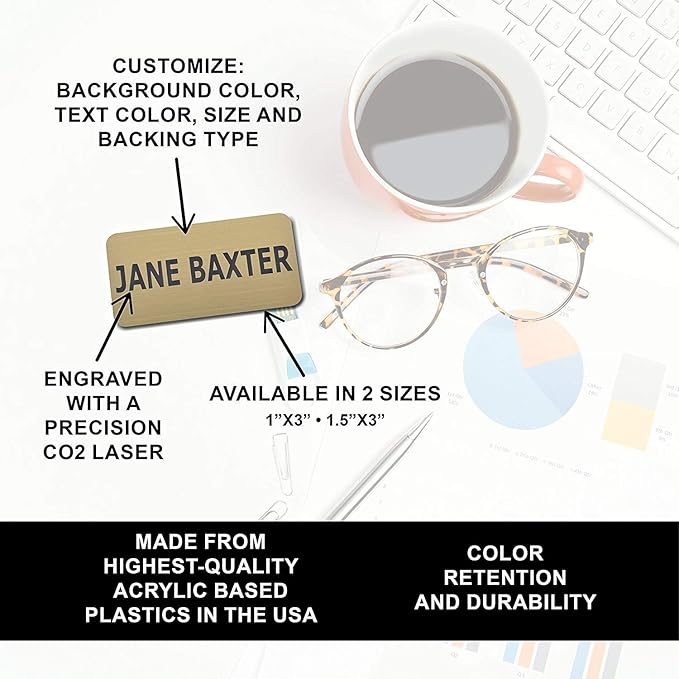 Custom Engraved Name Tag Badges – Personalized Identification with Pin or Magnetic Backing, 1.5 Inches x 3 Inches, European Gold/Black