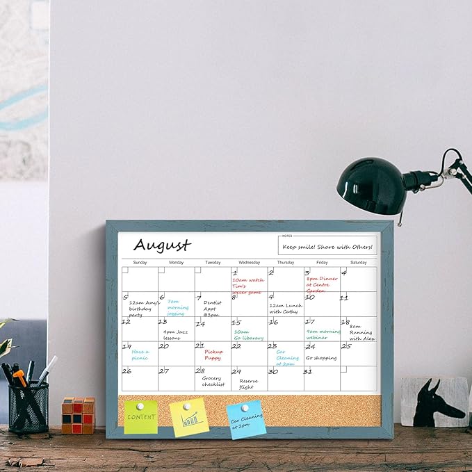 Whiteboard Calendar & Corkboard for Wall, 17x13 Inches Dry Erase Monthly Calendar with Wood Framed, Magnetic White Board Cork Board Combo, Bulletin Board for Home Office Kitchen Memo Planner