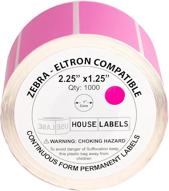 HOUSELABELS 2.25" x 1.25" Pink Address Labels on 1" Core Compatible with Zebra and Rollo Printers, 16 Rolls / 1,000 Labels per Roll