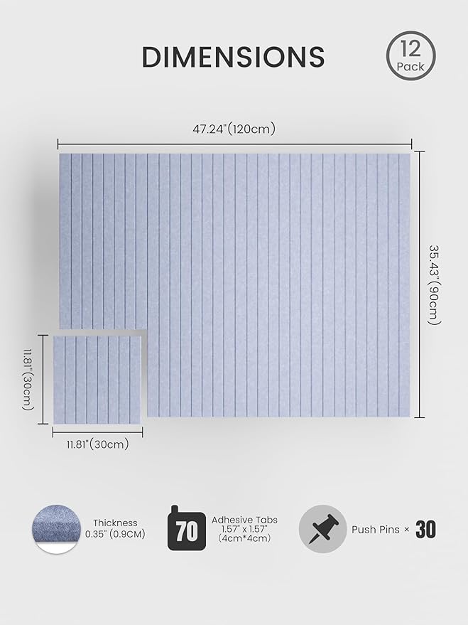 Bumusty Large Cork Board Alternative-47 x35 Felt Bulletin Board Tiles, with 30 Pushpins, 70 Adhesive Tabs, 12-Pack Slat Wall Paneling, Cork Boards for Office Push Pin Board Felt Board-Soft Periwinkle