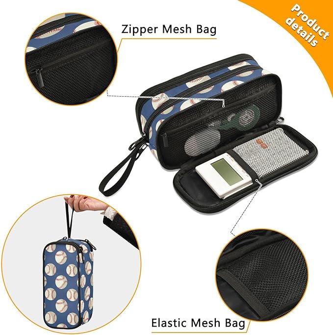 BOENLE Baseballs Ball Blue Pencil Case Box Boys Girls Large Pencil Pouch with Zipper Compartments Big Capacity Stationery Pen Bag Organizer for Kids Teens Adults School