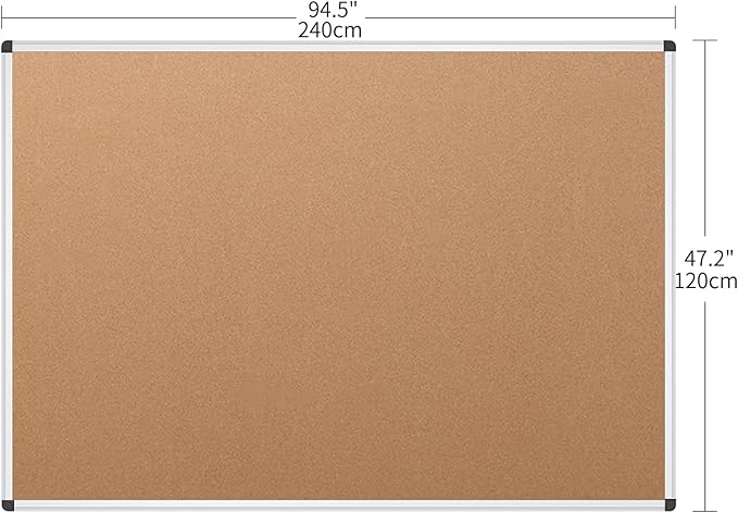 VIZ-PRO Large Cork Bulletin Board, 96 X 48 Inches, Wall-Mounted Corkboard with Silver Aluminium Frame for School, Office, and Home 8' X 4'