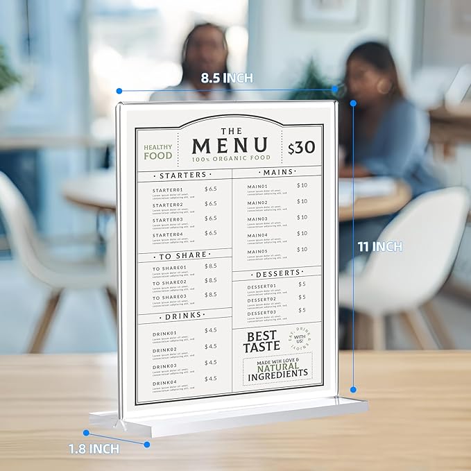 6 Pack Acrylic Sign Holder 8.5 x 11, Double-Sided Clear Sign Holder Plastic Stands for Display, T Shape Acrylic Table Sign Stands for Office Store Restaurants Wedding Party Decoration
