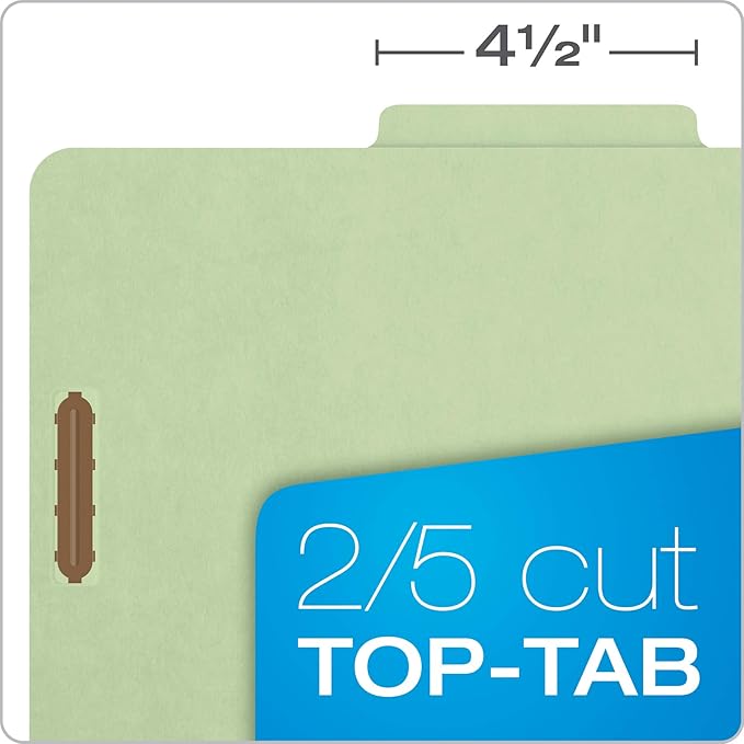 Pendaflex Recycled Classification File Folders, 2 Dividers, 2" Embedded Fasteners, 2/5 Tab Cut, Letter Size, Light Green, Box of 10 (24076R)